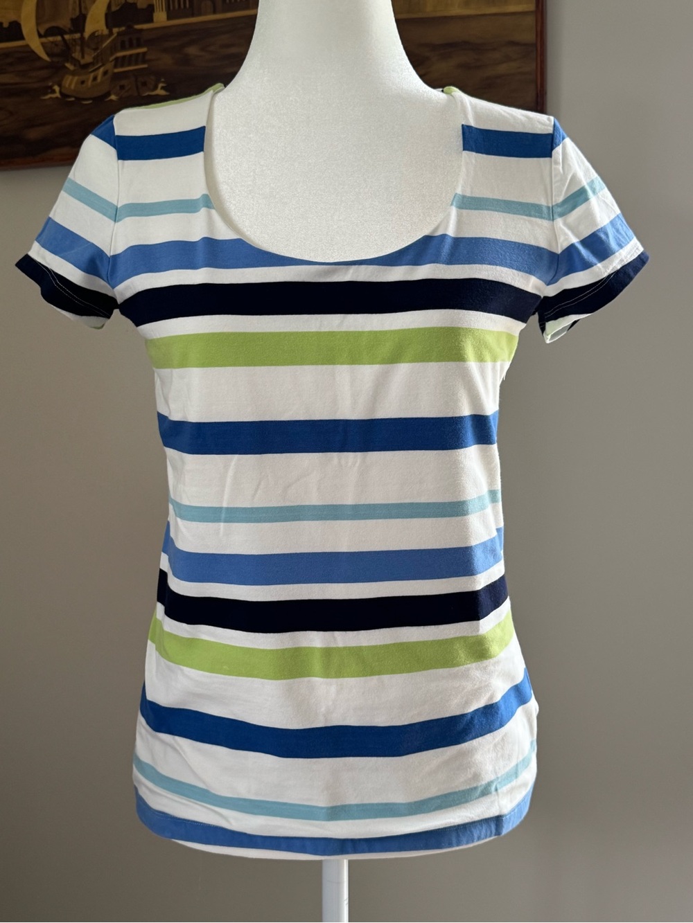 Chaps Scoop Neck Short Sleeve Stripe Tee — White, Blue & Green